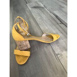 Schultz Womens Size 7 Suede Mustard Yellow Open Toe Ankle Strap Sandal Cork Heel